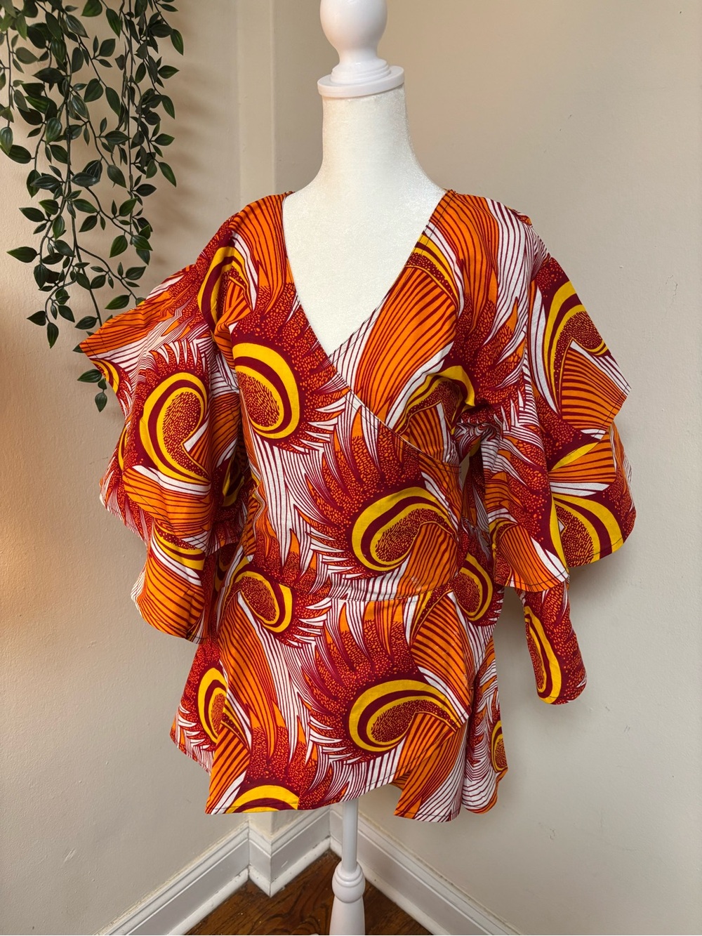 Vibrant Orange & Yellow Wrap-Style Women's Top